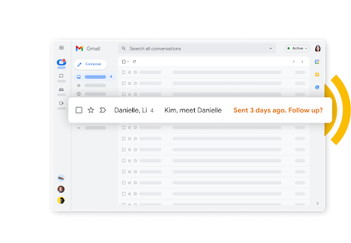 Hộp thư đến của Gmail cùng lời nhắc theo dõi có phần văn bản màu cam