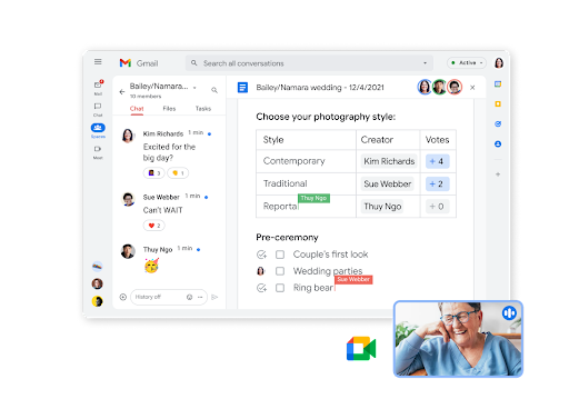 Gmail-Chatfunktion mit Zusammenarbeit in Dokumenten und Videochat auf einem Bildschirm