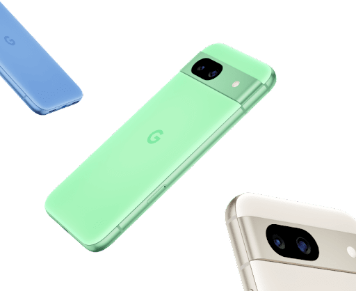 Drei schwebende Pixel 8a Smartphones in den Farben Bay, Aloe und Porcelain.