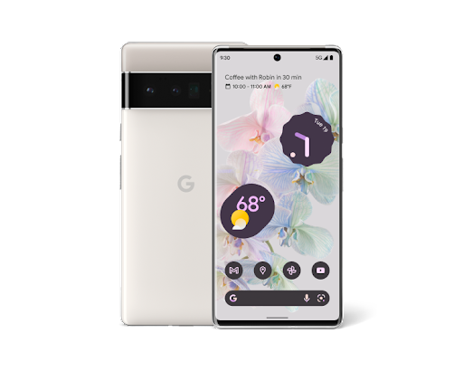 Vorder- und Rückansicht: Google Pixel 6 Pro in Cloudy White