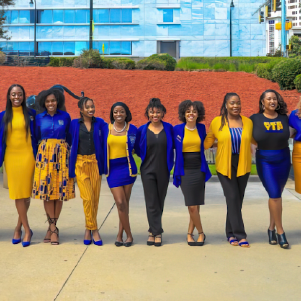 A group of 16 Black women wearing blue and yellow, standing in a line and smiling at the camera.