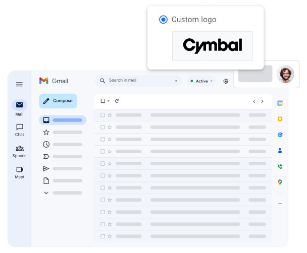 Eine stilisierte Ansicht der Gmail-Oberfläche mit dem benutzerdefinierten Logo des Kundenunternehmens im Vordergrund