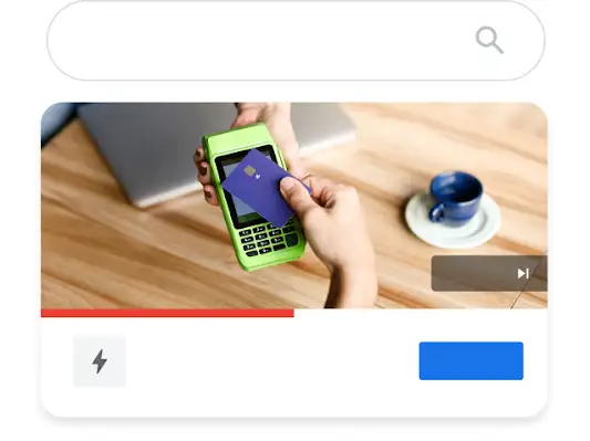 Illustration d’un téléphone qui montre une requête de recherche YouTube pour les meilleurs services bancaires en ligne, faisant apparaître une annonce vidéo d’une banque.