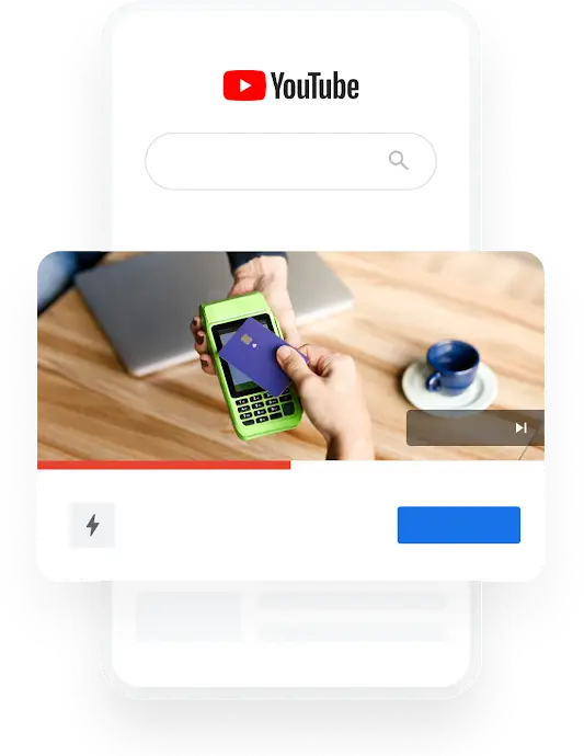 Illustration représentant un téléphone et la requête de recherche YouTube “meilleures banques en ligne”, qui déclenche l’affichage d’une annonce vidéo pour une banque
