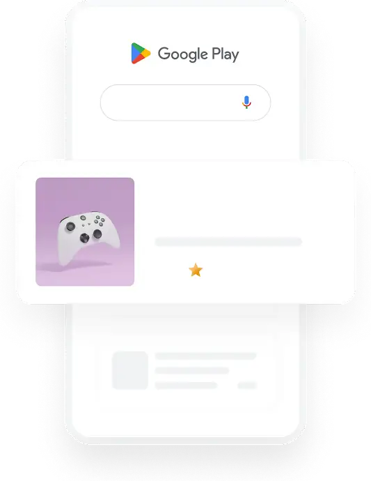 Illustratie van een Google Play-zoekopdracht voor ’gaming-app’ die leidt tot een relevante app-advertentie.