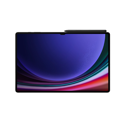 A Samsung Galaxy Tab S9 Ultra with an S Pen resting on top. It’s screensaver showing vibrant colors.