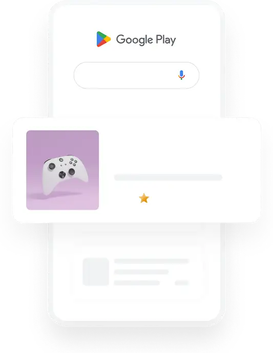 Ilustração de um smartphone que mostra uma consulta de pesquisa do Google Play por app de jogo que resulta em um anúncio de app relevante.
