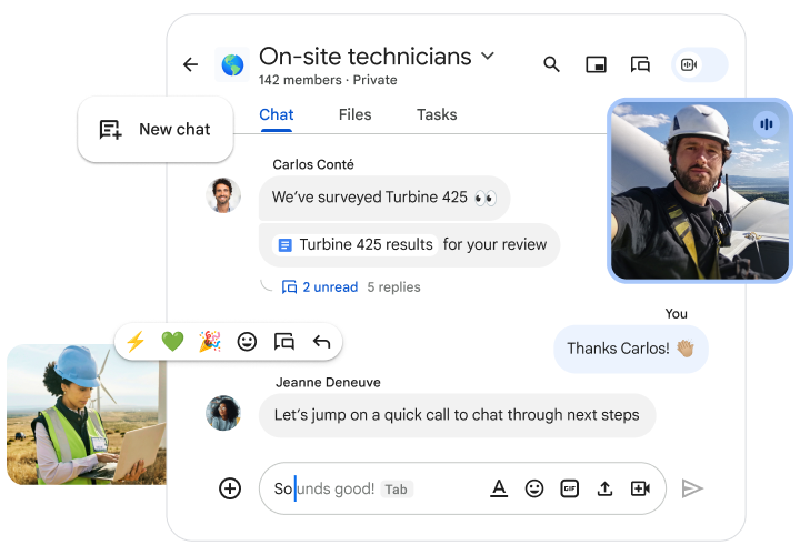 Montaje que muestra una ventana de Google Chat con distintos elementos en la interfaz, donde conversan varios técnicos que están comprobando unos aerogeneradores.