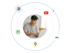 Ein Mann mit einem Laptop, umgeben von einer Illustration mit verschiedenen Google-Anzeigenformaten
