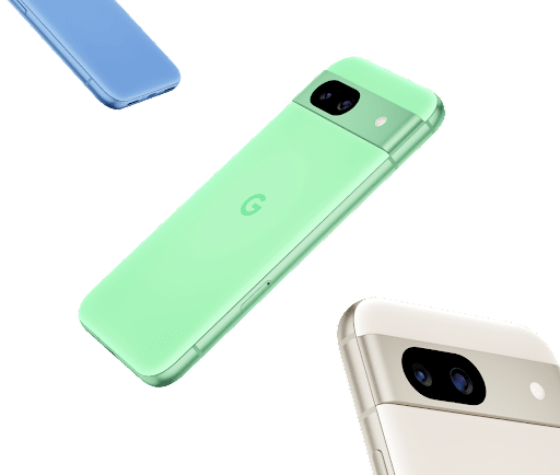 Drei schwebende Pixel 8a Smartphones in den Farben Bay, Aloe und Porcelain.