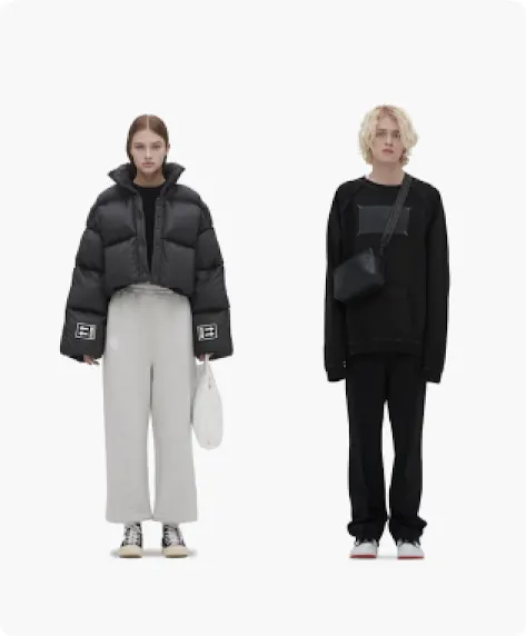 Zwei Models, die modische Street Style-Outfits von GOAT tragen