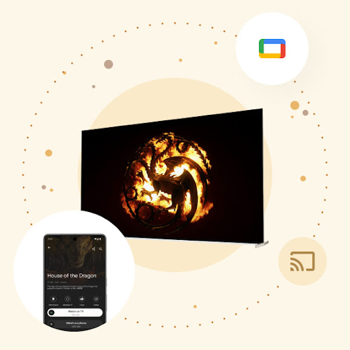 Il logo di House of the Dragon visualizzato su uno schermo Android TV di grandi dimensioni. Intorno allo schermo ci sono bolle orbitanti e uno smartphone Android. Sullo smartphone sono visualizzate informazioni per il controllo di Android TV con il pulsante "Guarda sulla TV" evidenziato.