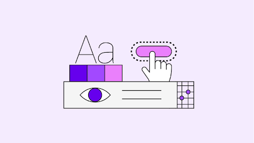 Abstract illustration depicting accessibility controls including a pill shaped button, a range of colors, and a large typeface