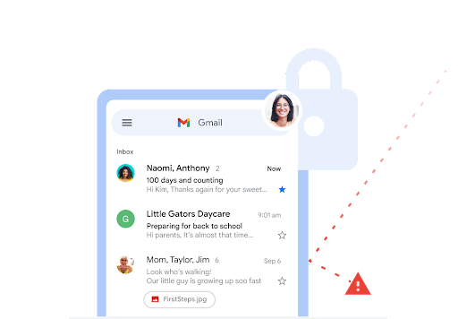 Bandeja de entrada principal de Gmail con un icono de advertencia separado del sitio