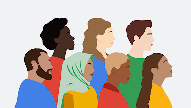 An illustration of seven diverse people looking in the same direction together