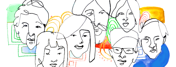 Hand drawn illustration of people from the Asian American community