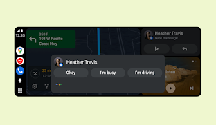 O novo design do Android Auto com a interface de resposta inteligente a sugerir "OK", "Estou ocupado" e "Estou a conduzir" como três opções de um toque para responder a uma mensagem.