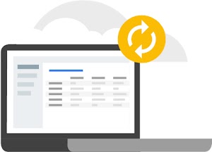 Illustration of a computer monitor with displaying data with a "refresh" icon 