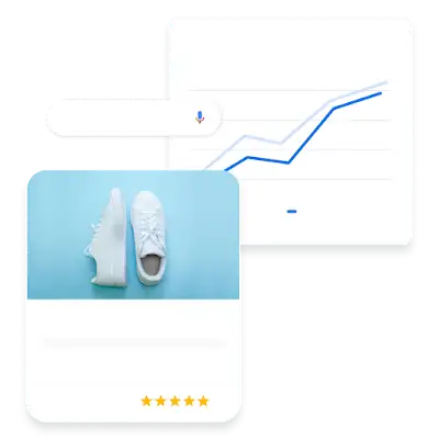 Anuncio de ejemplo que muestra unas rebajas de zapatos y un gráfico con métricas de rendimiento relacionadas