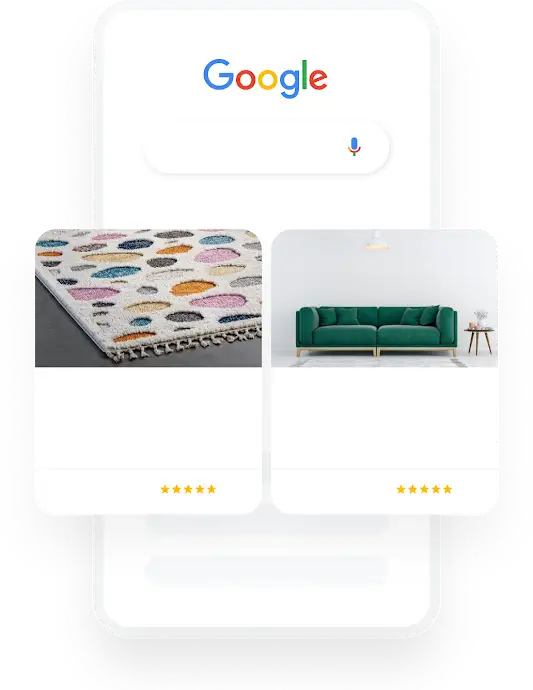 휴대전화에서 Google 검색에 인테리어를 검색어로 입력했을 때 관련성 있는 2건의 쇼핑 광고가 트리거된 그림입니다.