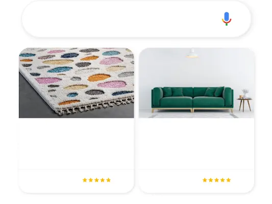 “Ev dekorasyonu” ibaresi için yapılan bir Google arama sorgusunun iki alakalı Alışveriş reklamıyla sonuçlandığını gösteren bir telefon görseli.