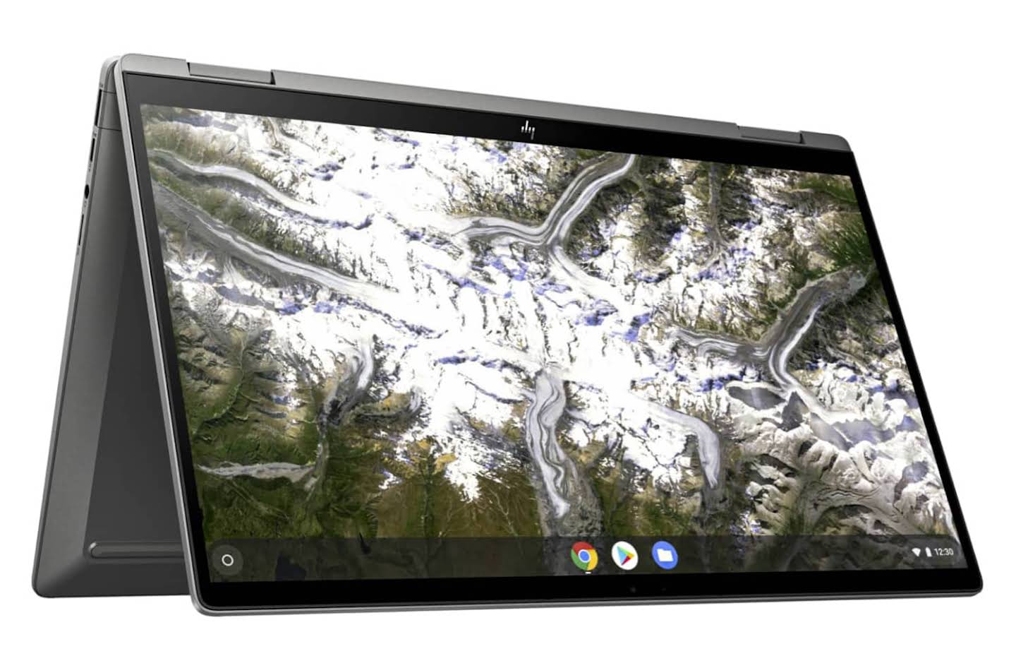 An open Dragonfly Chromebook displaying an aerial view of a mountain range.