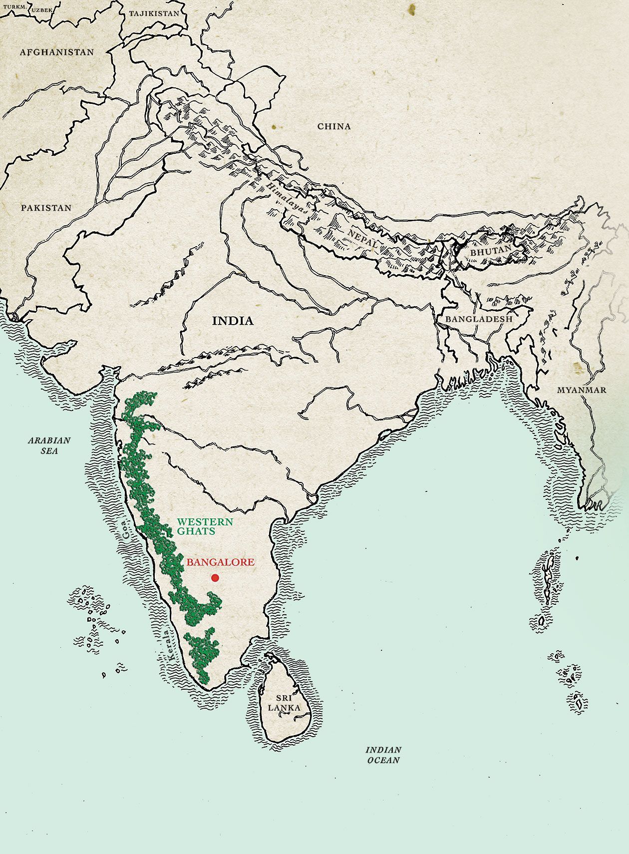Map of the Western Ghats mountain range in India.
