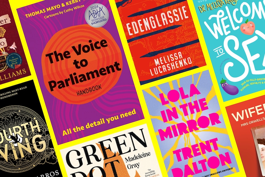 A composite image showing a variety of book covers set on an angle against a bright yellow background