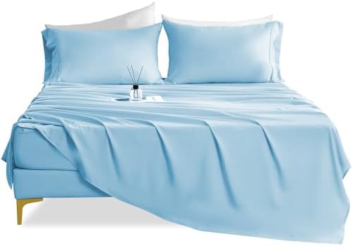 CozySmile Breathable Cooling Full Sheet Set - Hotel Luxury 4 Piece Deep Pocket Sheets for Full Size Bed, Fits 16" Mattress, Easy Care Wrinkle Free Bedding Sheet and Pillowcase Set, Sky Blue