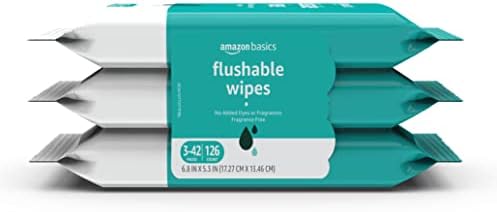 Amazon Basics Flushable Adult Toilet Wipes, Fragrance Free, 126 Count (3 Packs of 42) Packaging May Vary