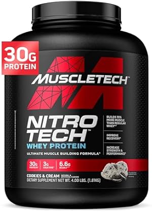 Muscletech Whey Protein Powder (Cookies & Cream, 4 Pound) - Nitro-Tech Muscle Building Formula with Whey Protein Isolate &...