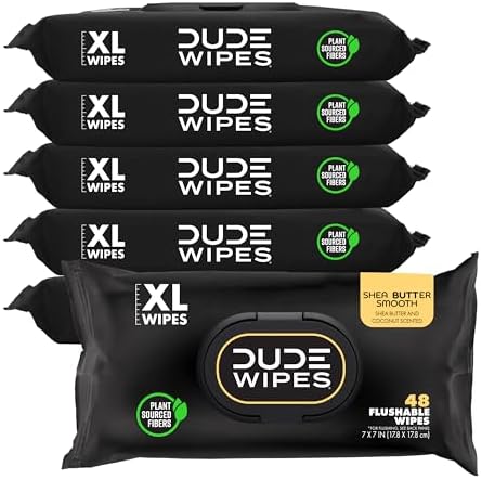 DUDE Wipes - Flushable Wipes - 6 Pack, 288 Wipes - Shea BUTTer Smooth Extra-Large Adult Wet Wipes - Vitamin-E & Aloe - Septic and Sewer Safe