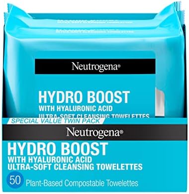 Neutrogena Hydro Boost Facial Cleansing Towelettes + Hyaluronic Acid, Hydrating Makeup Remover Face Wipes Remove Dirt & Waterproof Makeup, Hypoallergenic, 100% Plant-Based Cloth, 2 x 25 ct