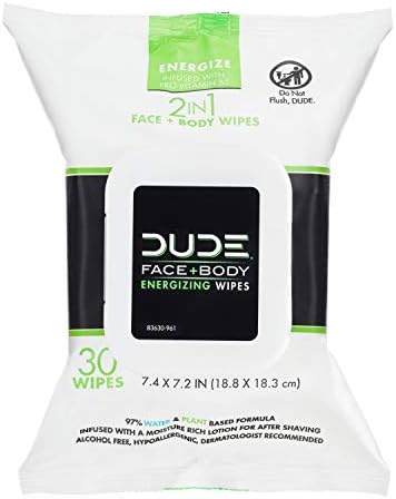 DUDE Wipes - Face and Body Wipes - 1 Pack, 30 Wipes - Wipes Infused with Energizing Pro Vitamin B5 - 2-in-1 Face & Body Wipes - Alcohol Free and Hypoallergenic Cleansing Wipes