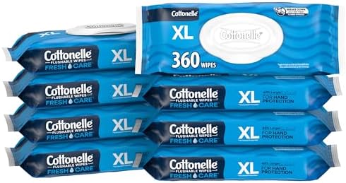 Cottonelle XL Flushable Wet Wipes, Adult Wipes Large, 8 Flip-Top Packs, 45 Wipes Per Pack (360 Total Wipes), Packaging May Vary