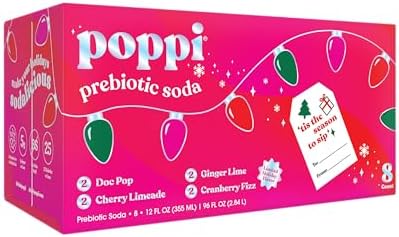 POPPI Prebiotic Soda w/Gut Health, Beverages w/Apple Cider Vinegar, Seltzer Water & Juice, Low Calorie & Low Sugar Drinks, Holiday Variety Pack, 12oz (8 Pack)