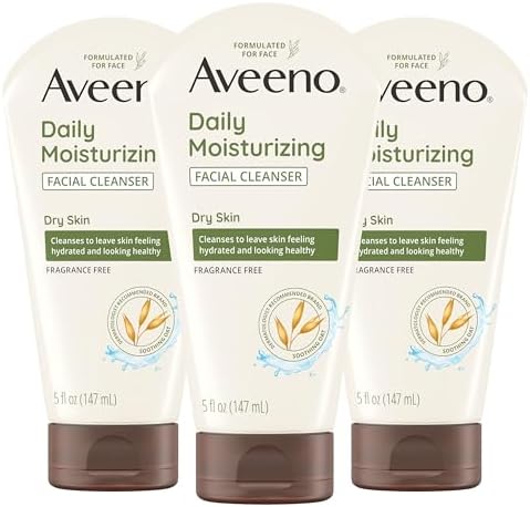 Aveeno Daily Moisturizing Facial Cleanser with Soothing Non-GMO Oat, Hydrating Face Washfor Soft & Supple Skin, Free of Parabens, Sulfates, Fragrance, Dyes & Soaps, 5 fl. oz, Pack of 3