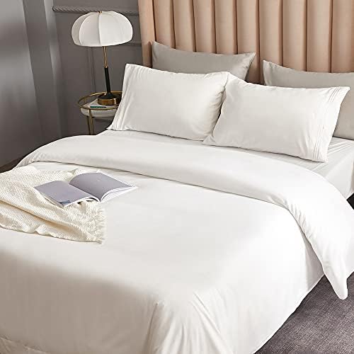 DERBELL Bed Sheet Set - Brushed Microfiber Bedding - Bedding Sheets & Pillowcases - Deep Pockets - Easy Fit - Breathable & Cooling Sheets - 4 Piece Full White Sheets