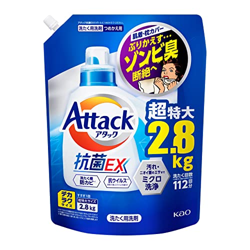 【Amazon.co.jp限定】【大容量】デカラクサイズ アタック抗菌EX 洗濯洗剤 液体 洗ってもぶりかえすゾンビ臭断絶へ! つめかえ用 2800ｇ