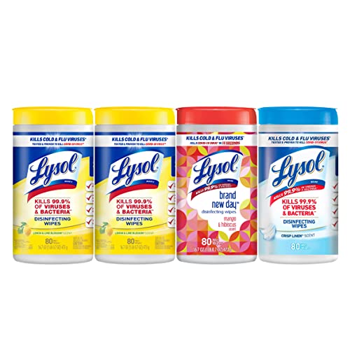 Lysol Disinfectant Wipes Bundle, Multi-Surface Antibacterial Cleaning Wipes, contains x2 Lemon & Lim Blossom, Crisp Linen, Ma