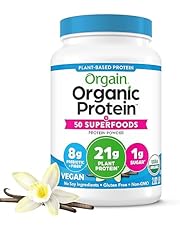 Orgain Organic Vegan Protein + 50 Superfoods Powder, Vanilla Bean - 21g Plant Based Protein, 8g Prebiotic Fiber, No Lactose Ingredients, Gluten Free, No Added Sugar, Non-GMO, 2.02 lb