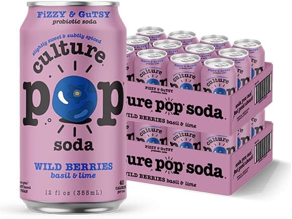 Culture Pop Soda Sparkling Probiotic | 40 Calories per can, Vegan, NonGMO | 12 Fl Oz Cans (Wild Berry, Pack of 24)