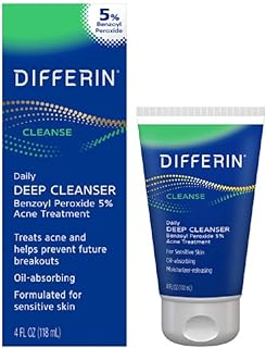 Differin Acne Face Wash with 5% Benzoyl Peroxide, Daily Deep Cleanser by the makers of Differin Gel, Gentle Skin Care for ...