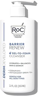 RoC Barrier Renew Gel to Foam Non Drying Cleanser with Ceramides + Antioxidant Green Tea + Glycerin to Hydrate & Balance S...