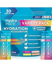 HydroMATE Electrolytes Powder Drink Mix Packets Hydration Accelerator Low Sugar Rapid Party Recovery Plus Vitamin C Variety Pack 30 Count