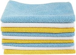 Amazon Basics Microfiber Cleaning Cloths, Non-Abrasive, Reusable and Washable, Pack of 24, Blue/White/Yellow, 