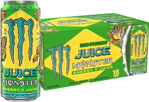 Monster Energy Juice Rio Punch, Energy + Juice, Energy Drink, 16 Ounce (Pack of 15)
