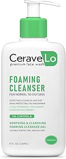 CeraveLo Soothing and Cleansing Foaming Cleanser Gel | Premium Face Wash for Normal to Oily Skin with 5-fold Ceramides, Ni...