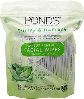Pond's Purify & Refresh Facial Wipes with Aloe Vera, Makeup Remover, Gently Cleanses and Hydrates, Pre Moistened, 25 Coun...