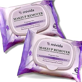 mivida Hypoallergenic Makeup Remover Wipes | 2 Pack of 25 Count |Facial Cleansing Makeup Remover Face Wipes with Hyaluroni...